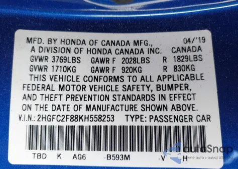 2019 Honda Civic Sport z USA, uszkodzony, nr VIN 2HGFC2F88KH558253